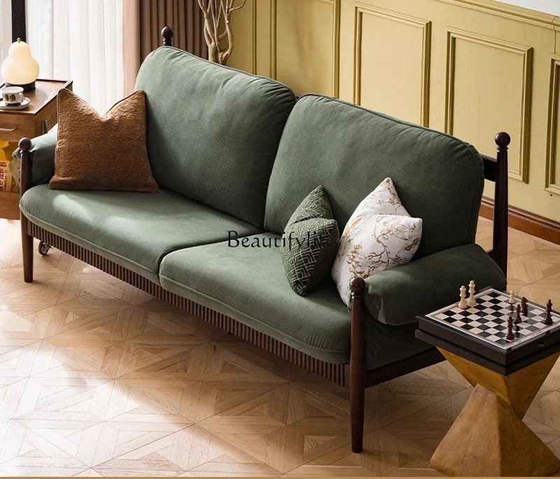 

*Fabric sofa green living room small apartment solid wood straight row retro corduroy French sofa