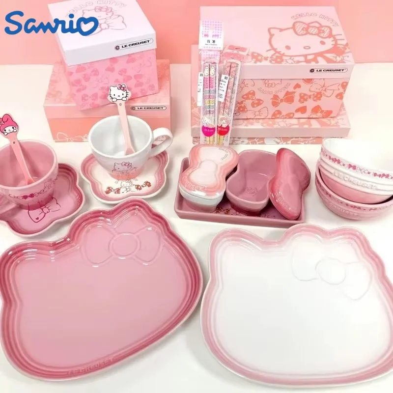 New Sanrio Hello Kitty Ceramic Dinner Plate Tableware Bow Tie Shaped Dinner Plate Rice Bowl Cups And Saucers Set To Friend Gift