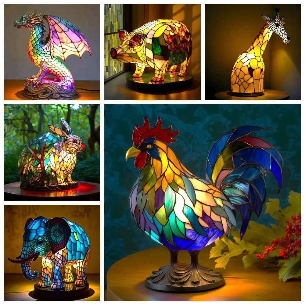 Resin Stained Glass Animal Table Light Night Light Panda Pig Giraffe Rabbit Elk Table Lamp for Living Room Home Bedroom Decorati