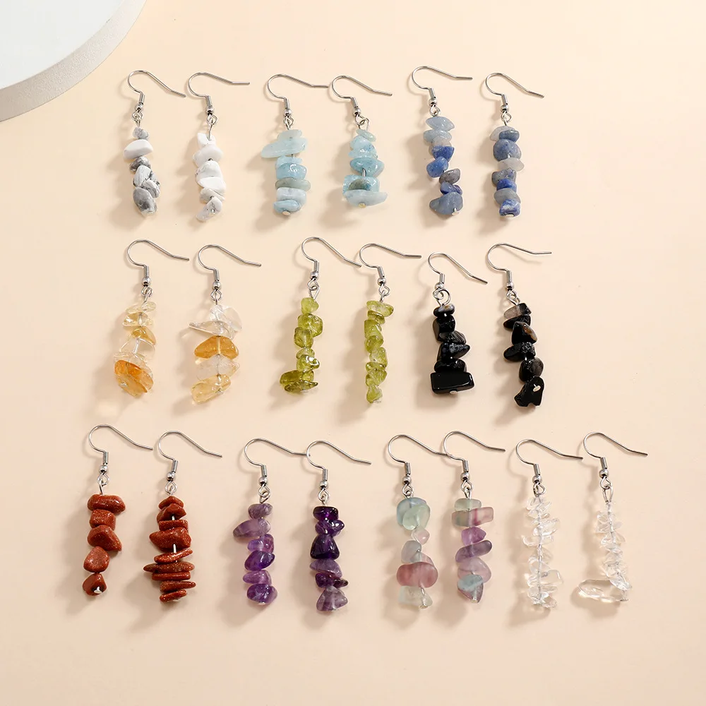 Natural Tumbled Stone Dangle Earrings for Women Colorful Crystal Drop Hook Earring Chakra Healing Gemstone Chip Ear Jewelry