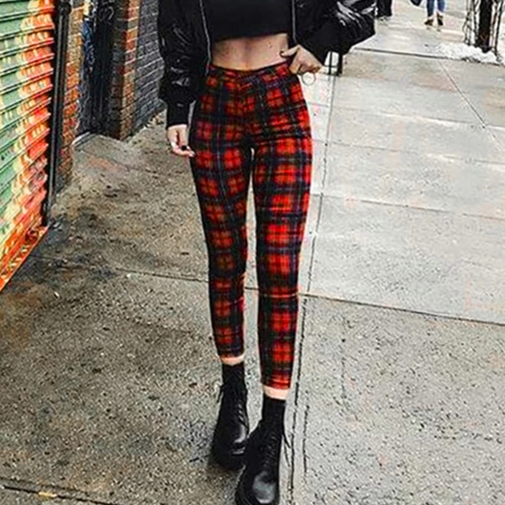 Elastic Women Pants High Waist Jeggings Leggings Pencil Pants Plaid Print Skinny Slacks Slim Fit Stretch Stretchy Bottoms Casual