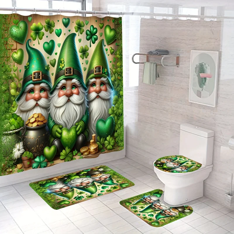 1/4pcs Green Clover Gnomes Pattern Shower Curtain Set, Waterproof Shower Curtain With 12 Hooks, Non-Slip Bath Rug, U-Shape Mat,