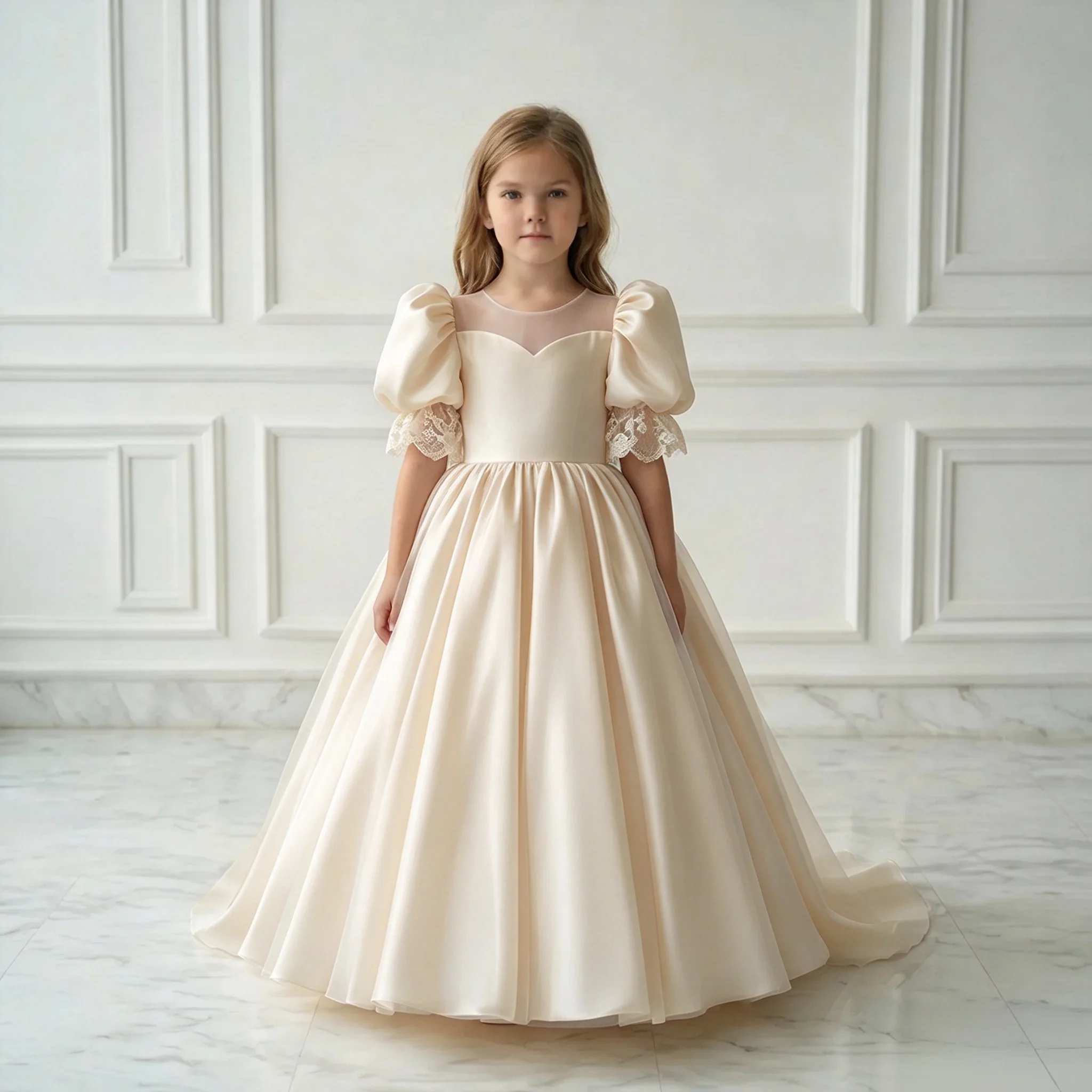 Elegant White Satin Square Neck Long Puffy Sleeves Flower Girl Dress for Children's Sacrament Birthday Bridesmaid Dress Custom