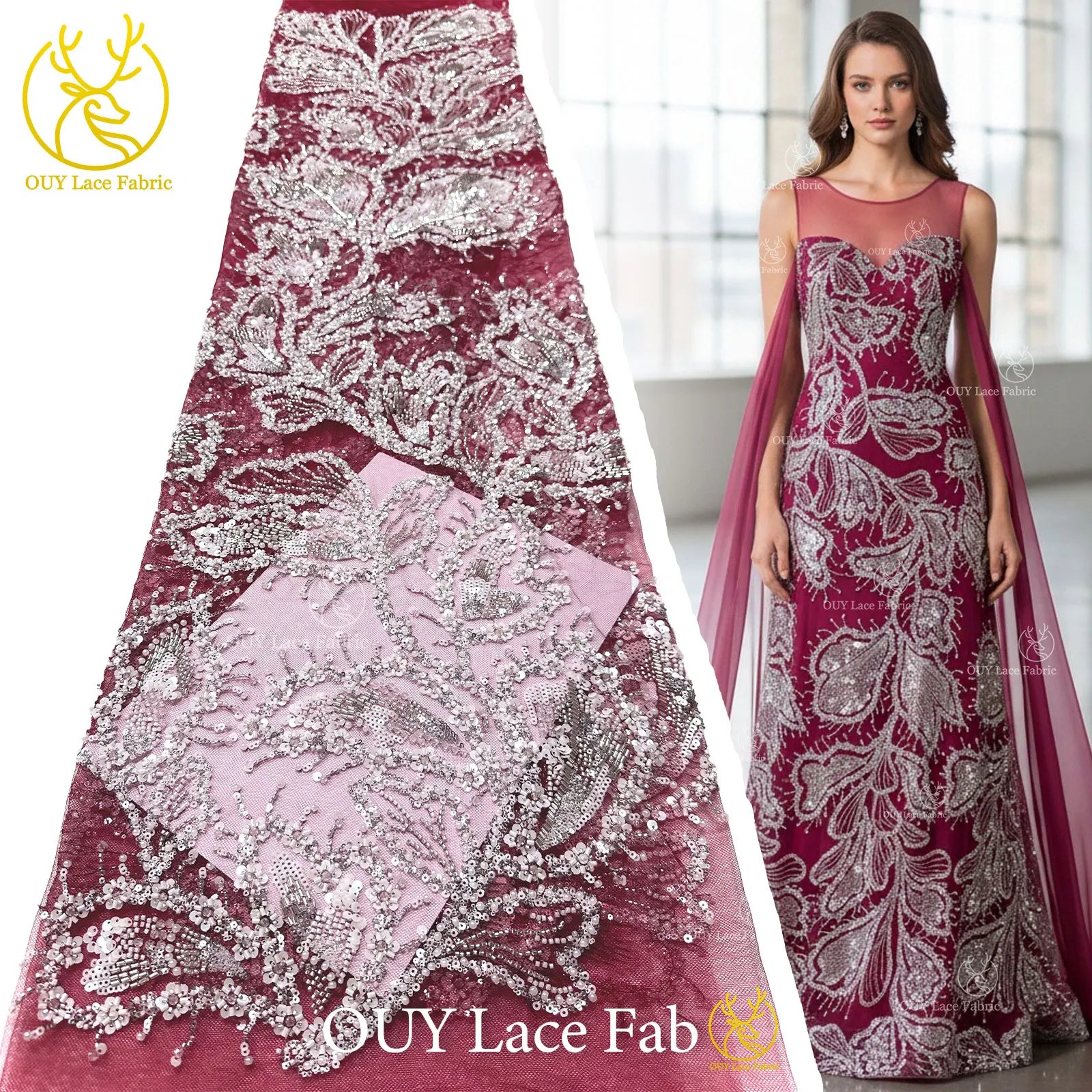 

2026 High End Nigerian Handmade Heavy Beaded Lace Fabric High Quality African French Sequins Lace For Women Prom Wedding Dress