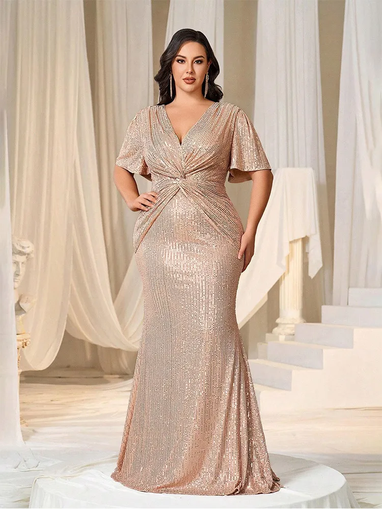 Plus Size V-Neck Apricot Sequined Short-Sleeved Floor-Length Loose Evening Dress 4xl 5xl Big Size Wedding Holiday Evening Dress