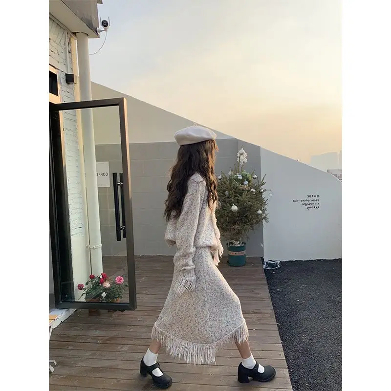 شرابة محبوك سترة تنورة دعوى الشارع قوس قزح الألوان المتناقضة الراقية سترة قطعتين مجموعة