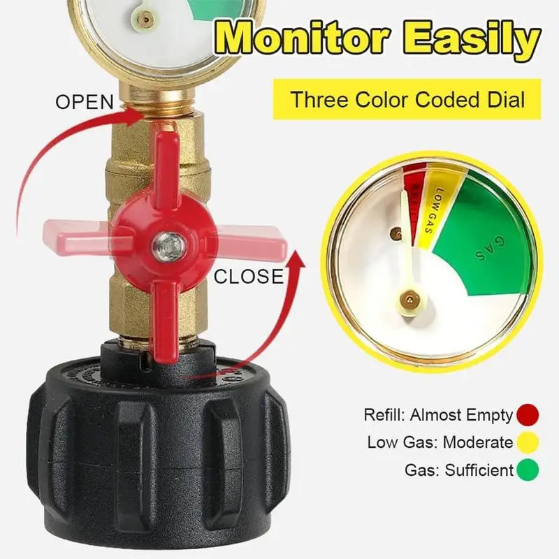 Adaptador de recarga de garrafa de propano, válvula adaptadora de recarga de tanque de propano de 1 lb com medidor e válvula, tanque acessório de recarga de propano