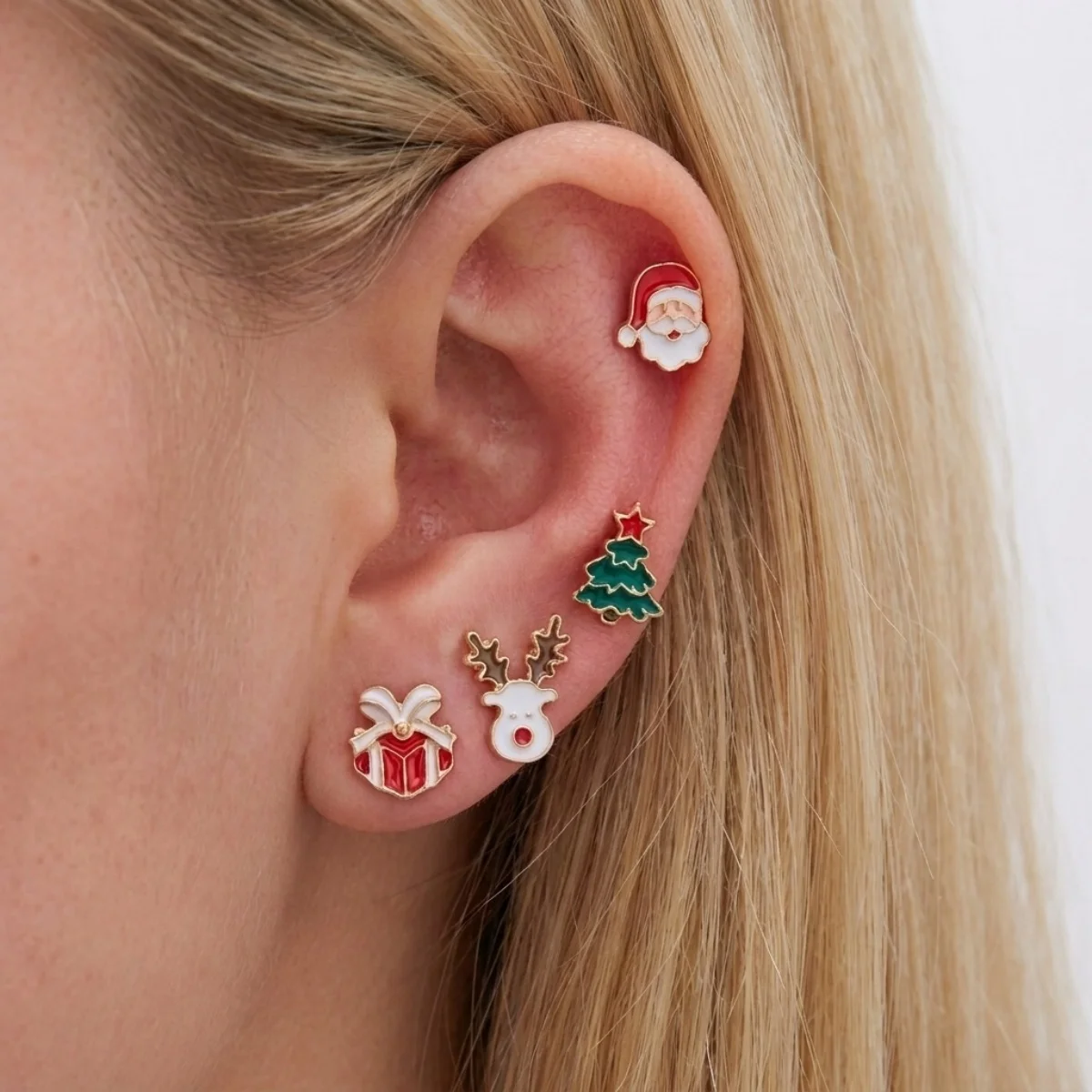 Christmas Enamel Reindeer Santa Claus Tree Gift Box Stud Earrings Set For Women Cute Xmas Tree Deer Earrings Holiday Jewelry