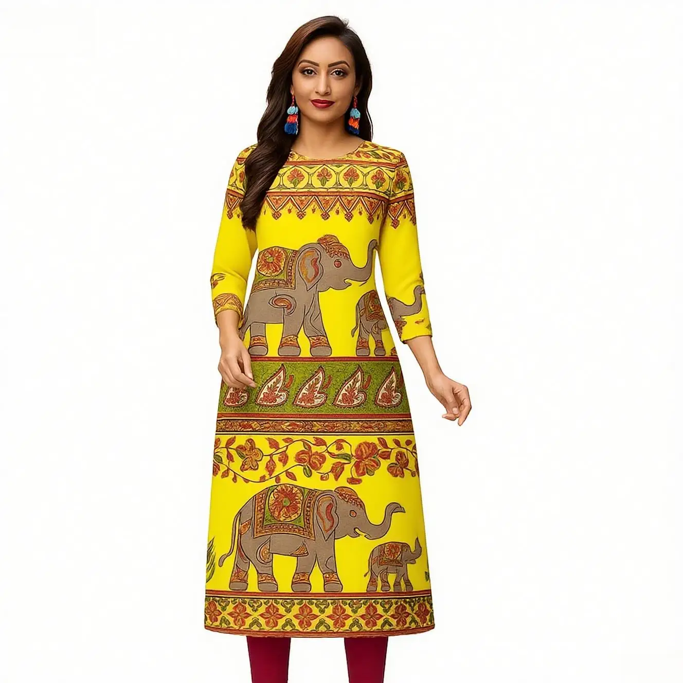 เดรสลำลองแฟชั่นผู้หญิง แขนยาว ทรงตรง สไตล์ชาติพันธุ์ คอกลม ไซส์ปกติ สินค้าใหม่ 2026