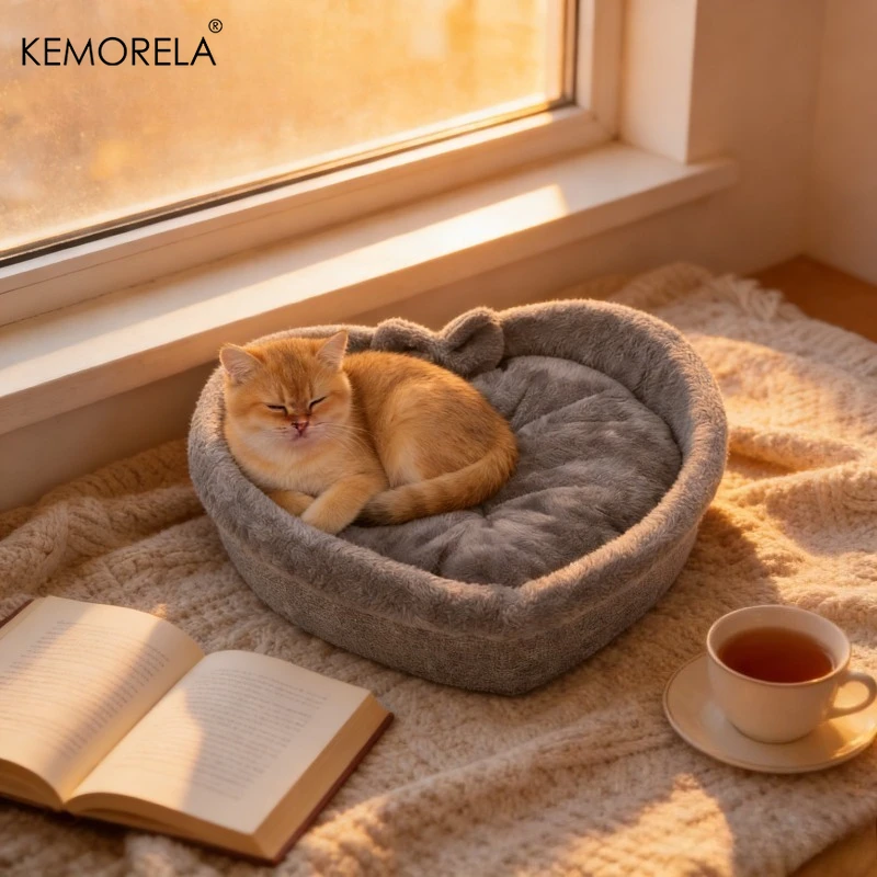 Super süßes, herzförmiges Katzennest, Haustierbett aus bequemem und weichem Stoff mit dicker Samtfüllung, das perfekte Geschenk für Katzen. – Detail 5