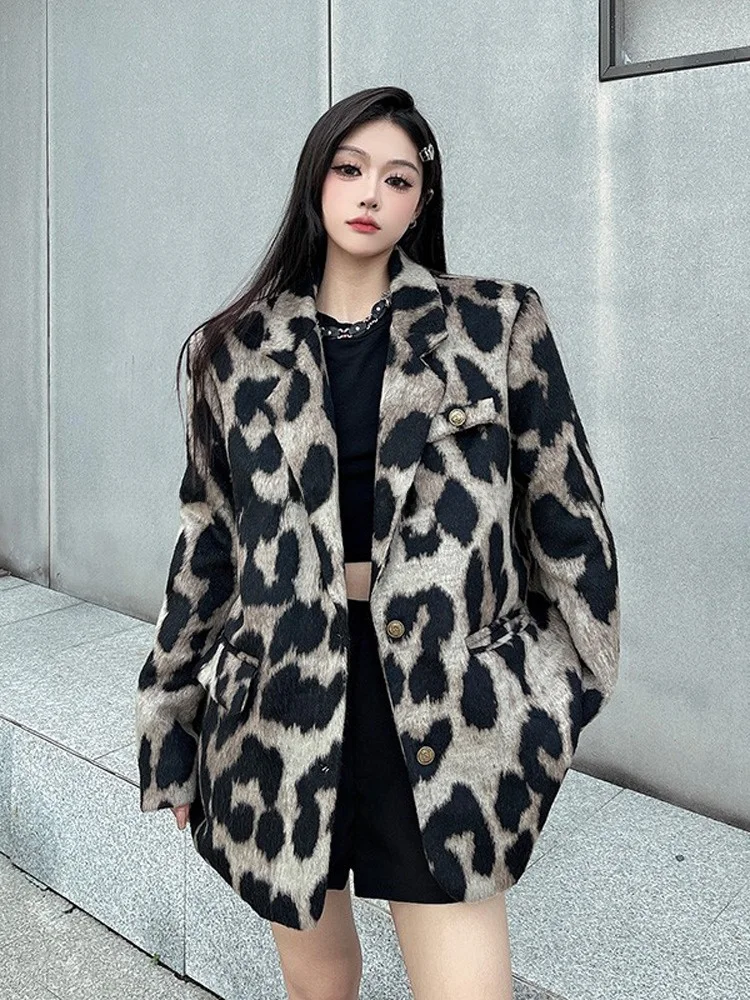 American Leopard Print Thiened Woolen Suit Jaet Women's Winter Loose Casual High-End Feeling Woolen  Top