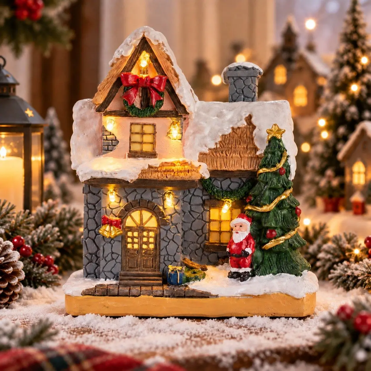 Weihnachtsdorf-Haus LED-Beleuchtete Sammlerfigur Schneehütte Weihnachtsmann Baum Tisch Weihnachts-Heimdekoration Geschenk – Detail 2