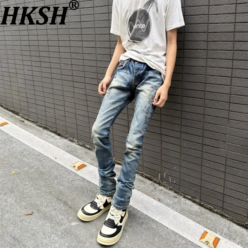 HKSH Spring Autumn New Men Tide Punk Original Rivet Skull Jeans High Street Slim Fit Vintage Straight Denim Skinny Pants HK27398