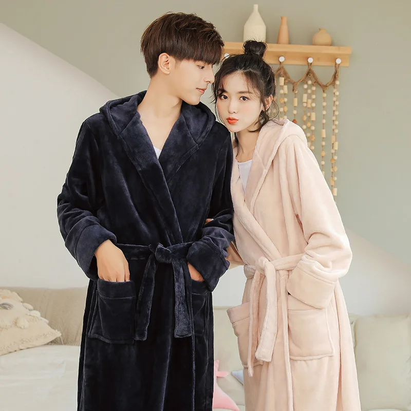 

Flannel Couple Nightgown Sexy Women's Bathrobe Men Winter Warm Robe Hooded Coral Fleece Home Clothes Intimate Lingerie Sleepwear