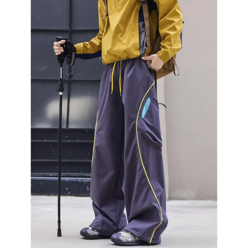 Multi Pocket Cargo Outdoor Techwear Style Patchwork Stripes Paratrooper Pants Men's Loose Spring Mountaineering Trekking