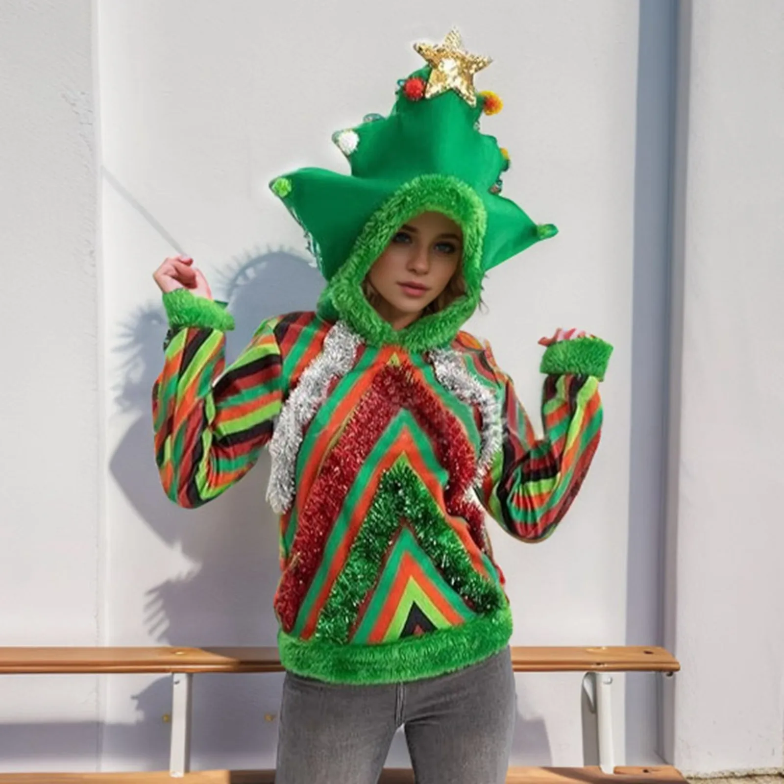 Christmas Colorful Hoodie Top Cosplay Costume Decorated Christmas Tree Hoodie Top Cosplay Party Performance Costumes Clothing