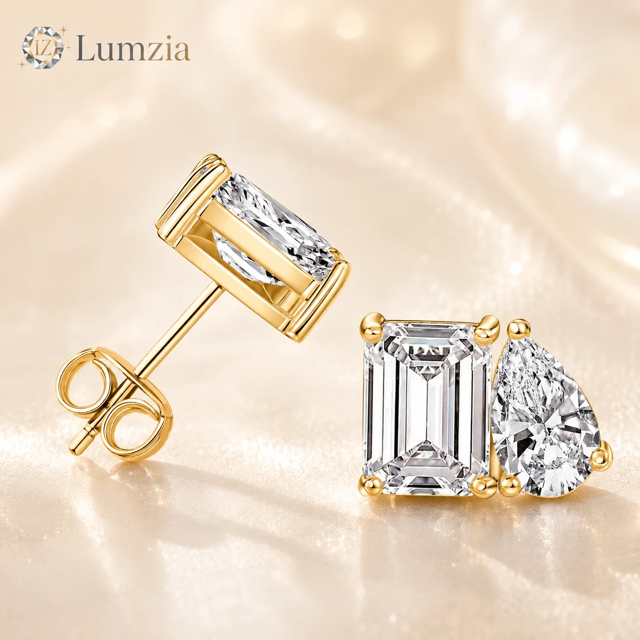 Cubic Zirconia Geometric Stud Earrings 5A Emerald Pear Cut 5-Layer Plated Copper Statement Earrings Gift for Women