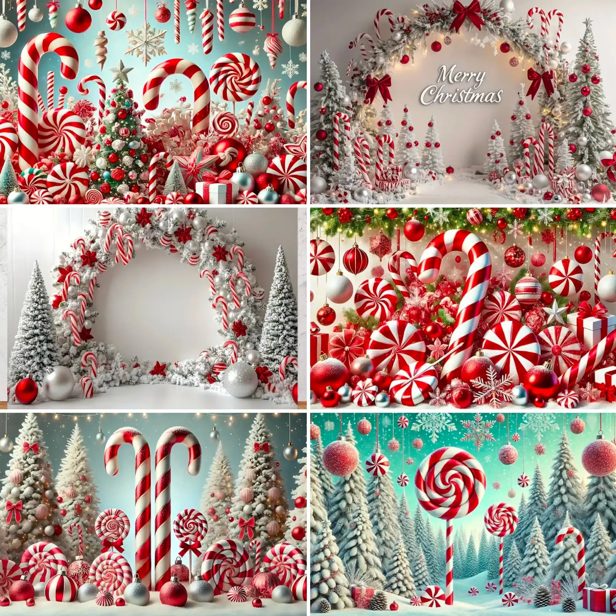 

New Year Christmas Cane Candy Theme Background Red Candy Strips Snow Winter Festival Party Decoration Background Banner Props