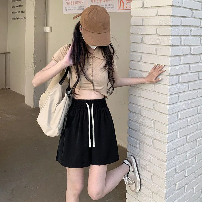 Xpqbb Summer Black Shorts for Women Casual Loose Elastic Waist Sports Shorts Woman Korean Street Drawstring Wide Leg Short Pants