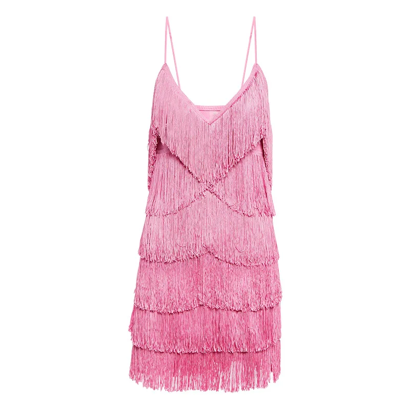 

Sexy V-ne Tassel Trim Pink Dr Trendy Girl Sle Svel Summer Spring Autumn Winter Women's Dr Faionable Gown