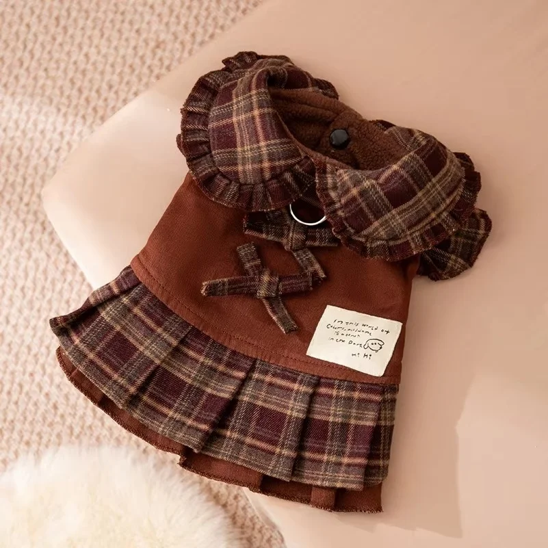 Pet Brown Plaid Dress  Autumn Winter Hoodie Cat Teddy Jacket Dog Dresses Puppy Clothes Draw Comfortable Warm Pet Bow Skirt