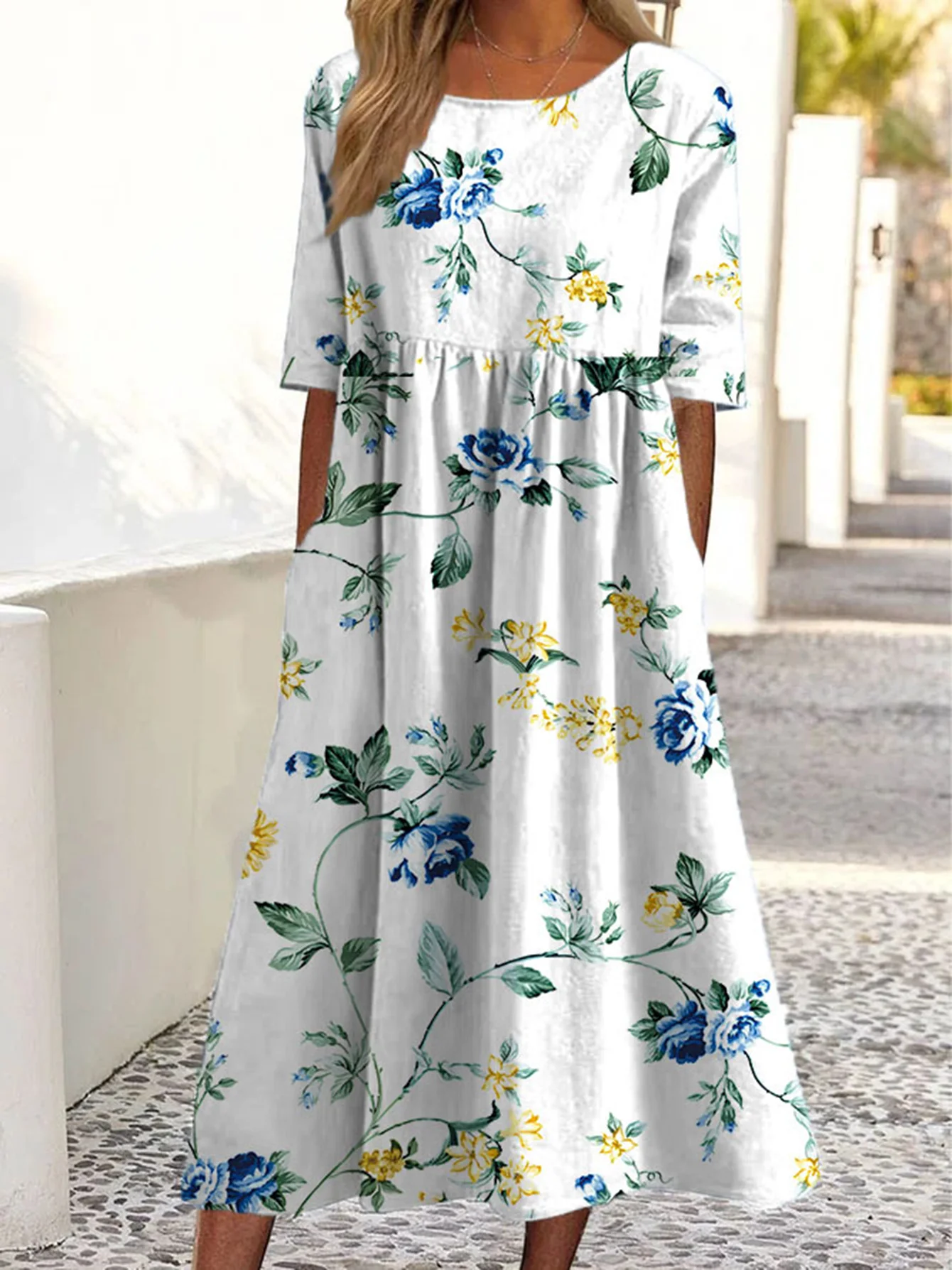 2026 Sommer Damen Freizeitkleid mit Rundhalsausschnitt, gepolstert, kurzärmelig, bedruckt – Detail 3
