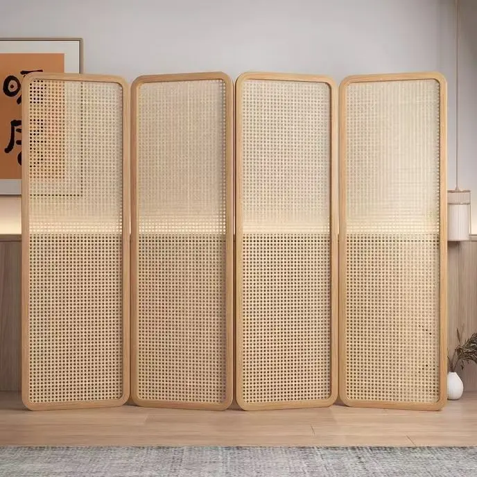 Rattan screen partition living room retro entrance entrance office home folding mobile solid wood folding screen