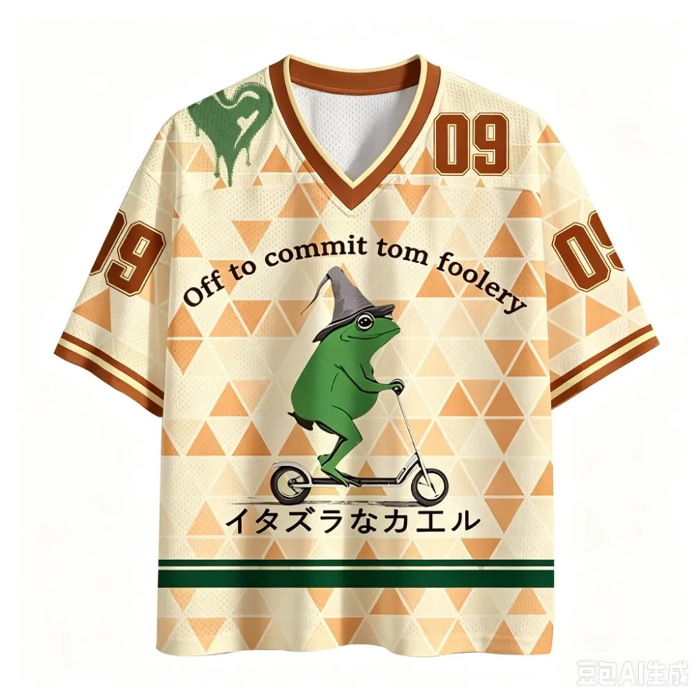 Y2K Bicycle Frog Pattern Sport Quickdrying Breathable 3D Printed Men V-Neck T-Shirt Street Outdoor Fashion Parent-child Clothing