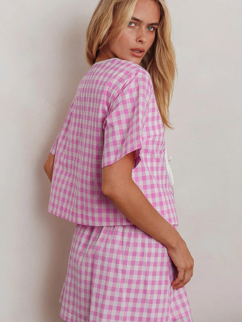 Marthaqiqi Plaid Women Nightie Set Lace Up Sleepwear Short Sleeve Pajamas O-Neck Nightwear Skirts Ladies Nightgowns 2 Piece Suit