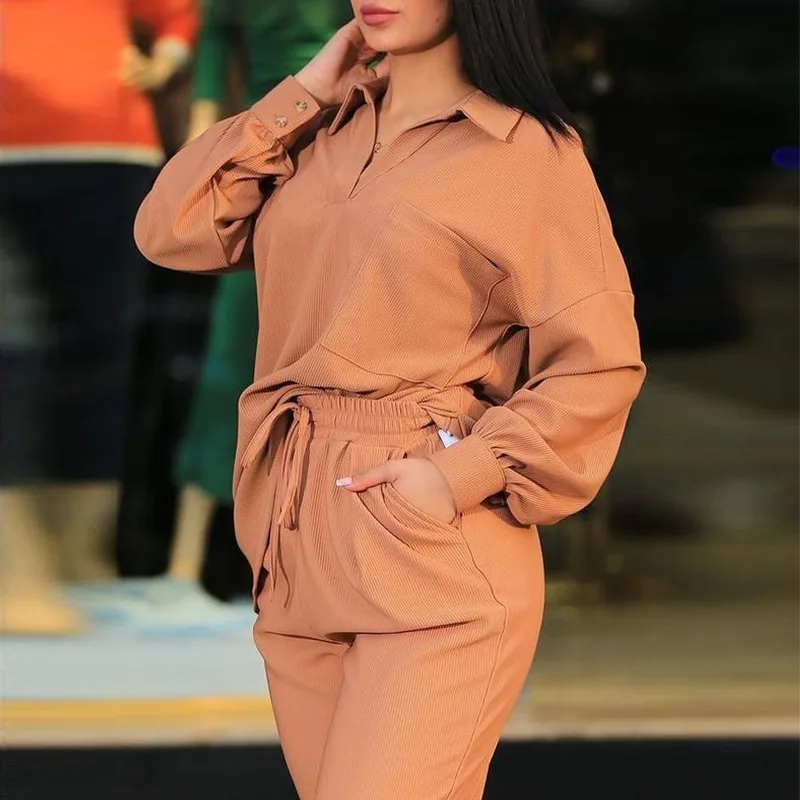 European and American Clothing Plus Size Fashion Casual Suit 2024 Spring Lapel Long-sleeved Shirt High Waist Pocket Casual Pants