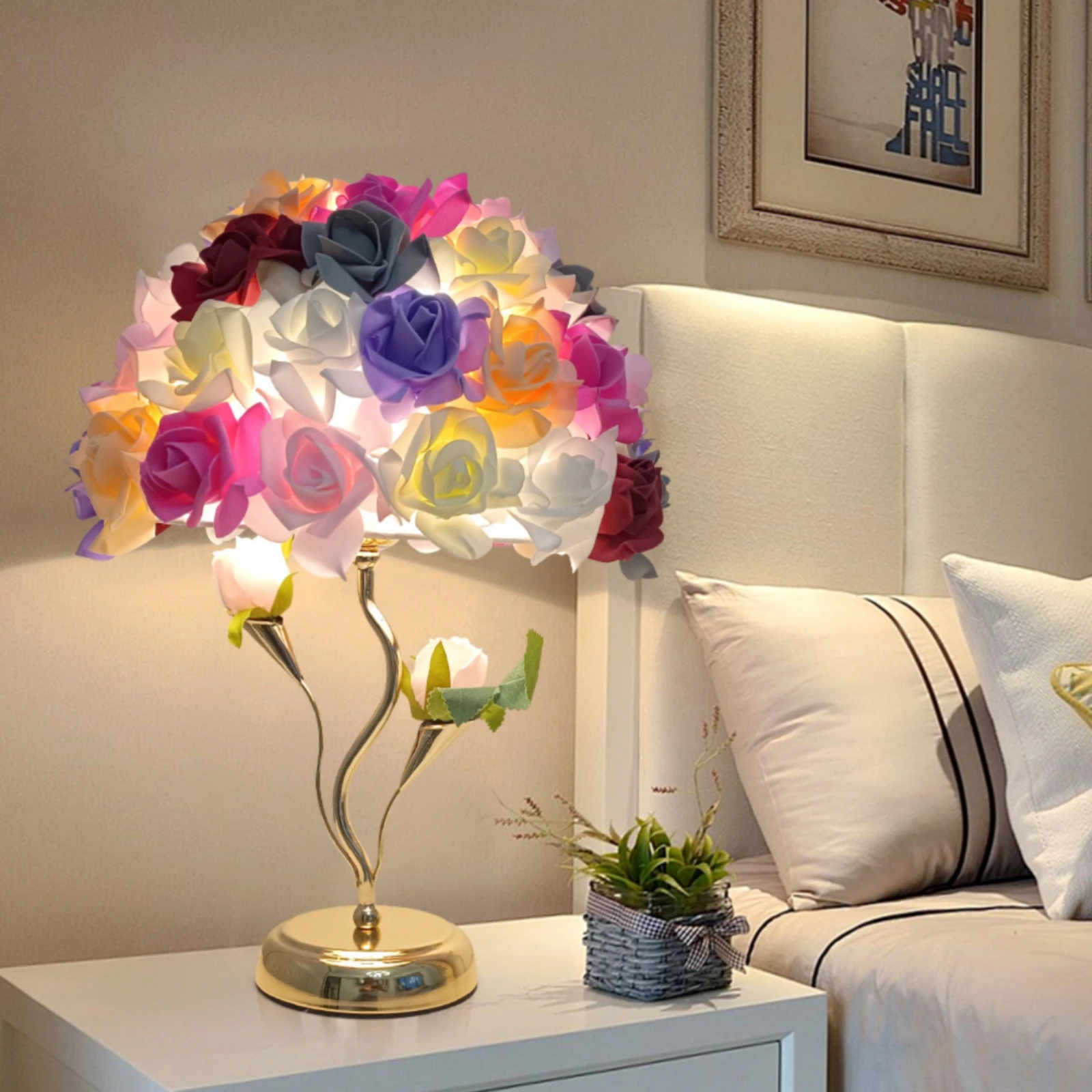 Rose Lamp Decorative Floral Table Lamp Multicolor Gold-Tone for Bedroom, Living Room view 5