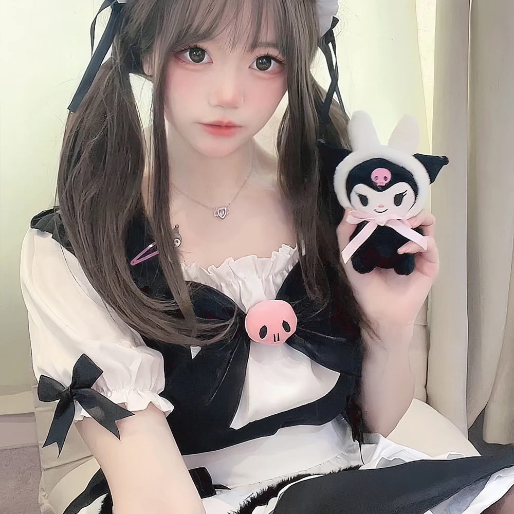 Cartoon Sanrioed Cosplay Kuromi Maid Outfit Dress Kawaii Anime Puff Sleeves Japanese Hot Girl Cute Pure Lolita Sexy Personality