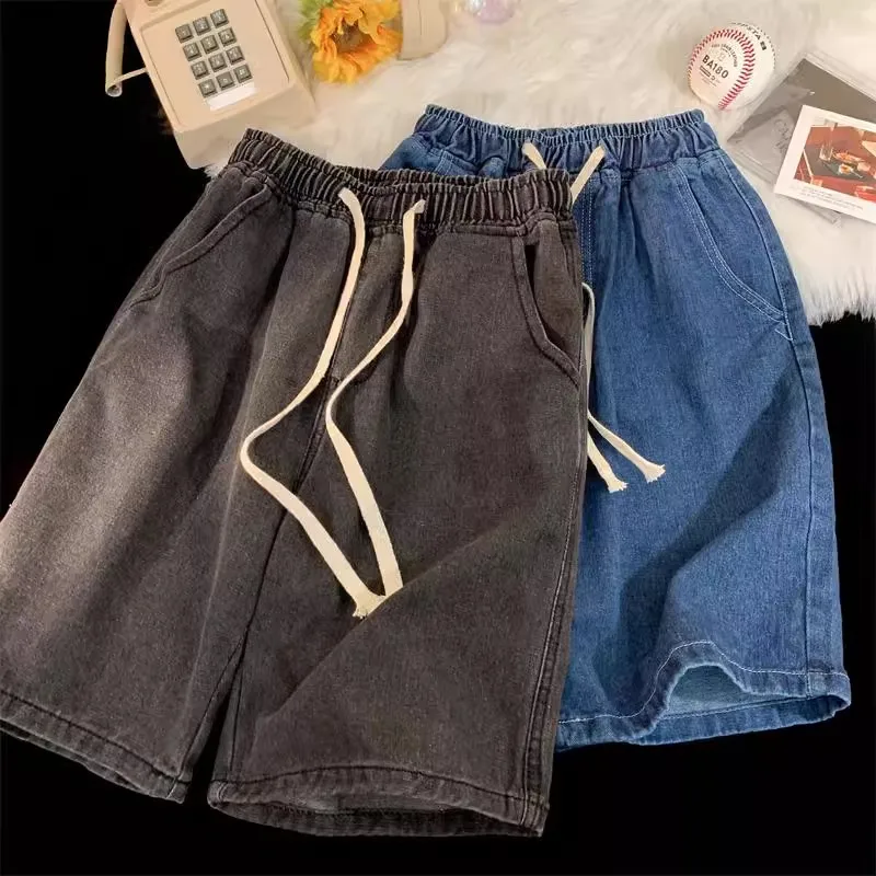 เอวสูงสีดํา Retro ล้างกางเกงยีนส์กางเกงขาสั้นผู้หญิง Harajuku Vintage แฟชั่น Casual หลวม Y2K Streetwear กลางยาวกางเกงขากว้าง