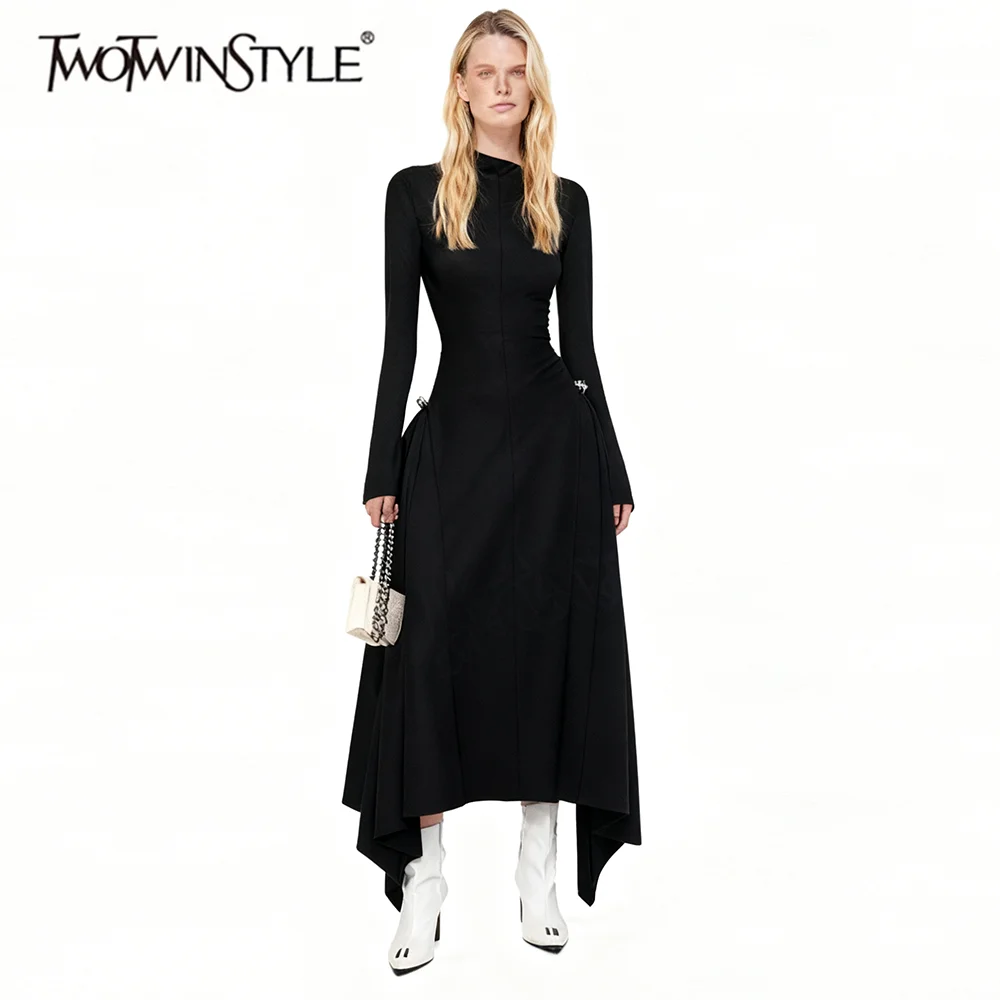 

TWOTWINSTYLE Solid Spliced Folds Minimalsit Dresses for Women Round Neck Long Sleeves High Waist Fashion Dress Female Clothing