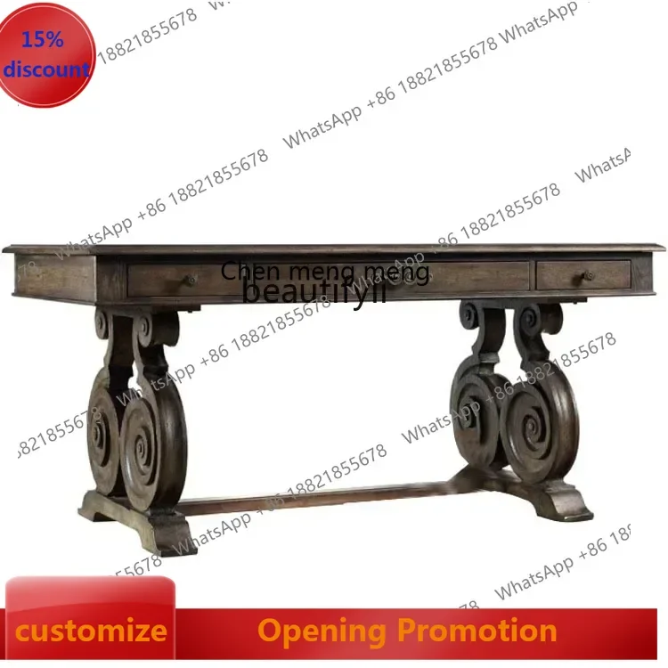

ss7486 American solid wood carving flower desk and chair combination European antique old oak home office desk New Light Luxury