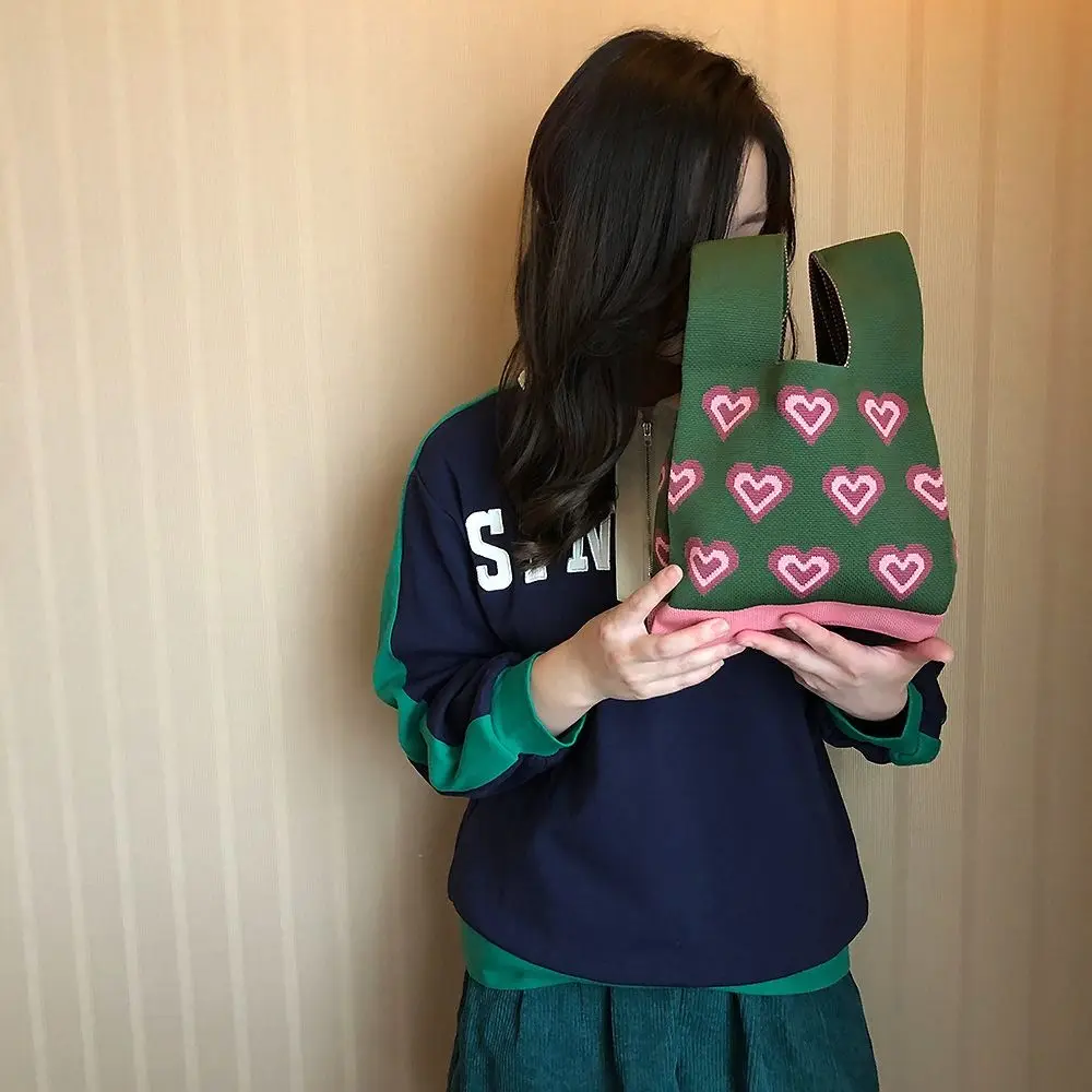 Casual Flower Knot Heart Wrist Bag Knit Handbag Shopping Bags Tote Bag