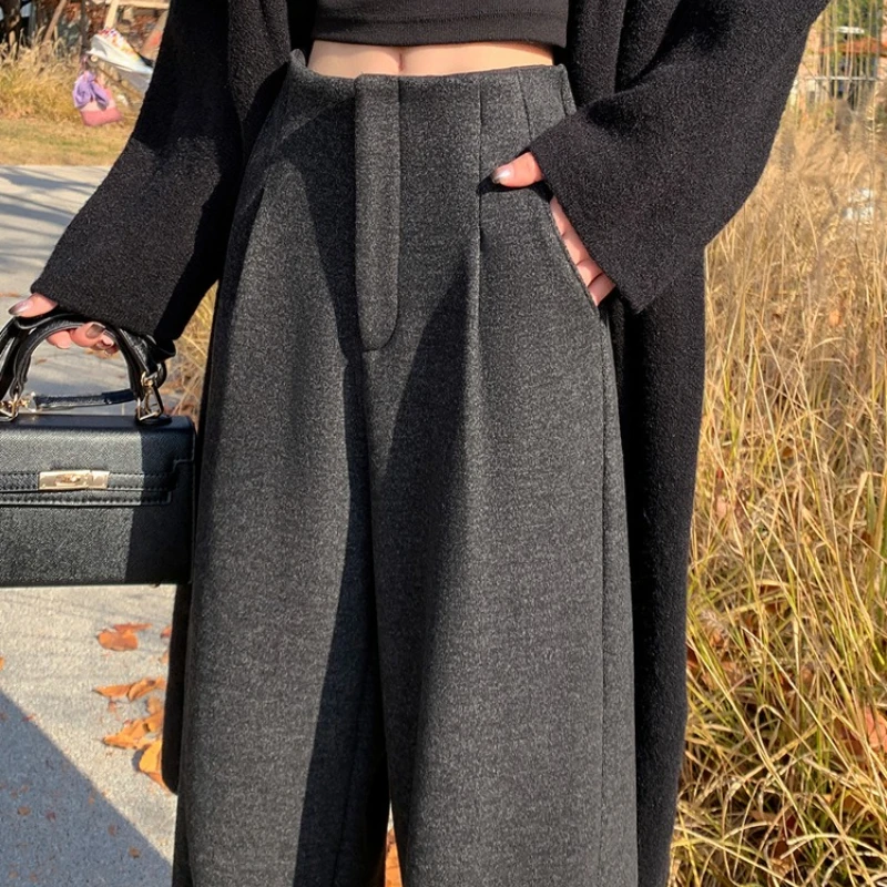 Alta qualidade cashmere calças de perna larga feminina outono inverno calças de cintura alta feminino casual streetwear calças de perna reta 2025