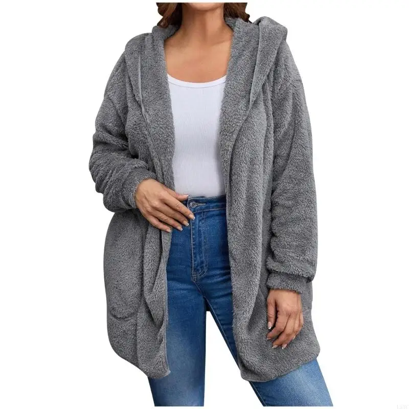 L5YC Women's Large Size Plush Cardigan Casual Hooded Comfortable Lambskin Winter Coat