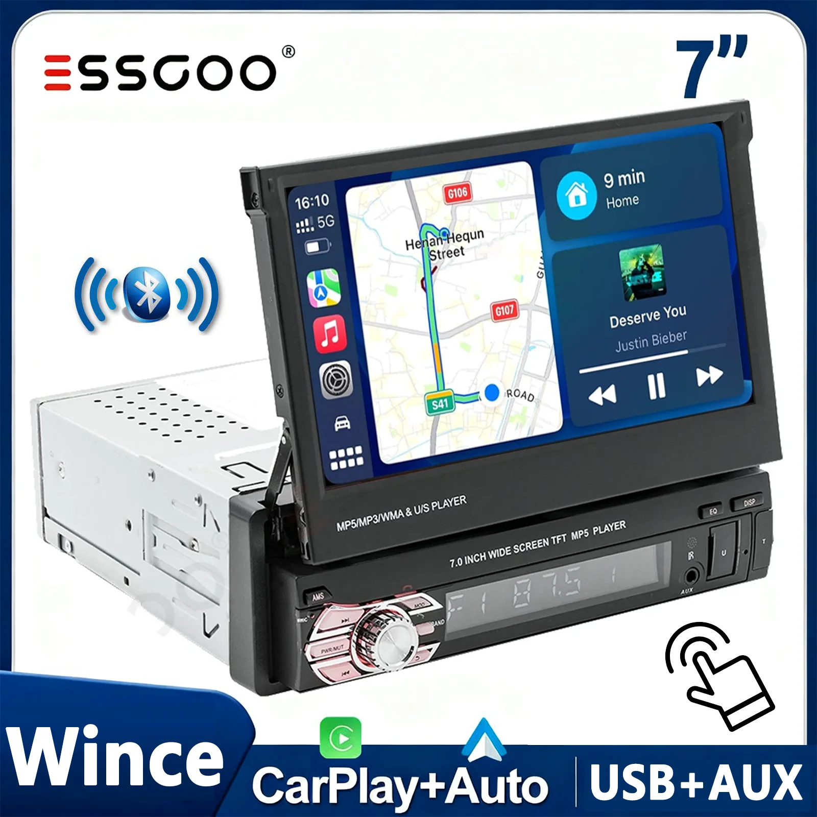 ESSGOO 7 "Flip Out Single 1 Din راديو السيارة اللاسلكي CarPlay Android Auto TF AUX SWC AM FM BT MP5 Player وحدة رأس شاشة تعمل باللمس #1