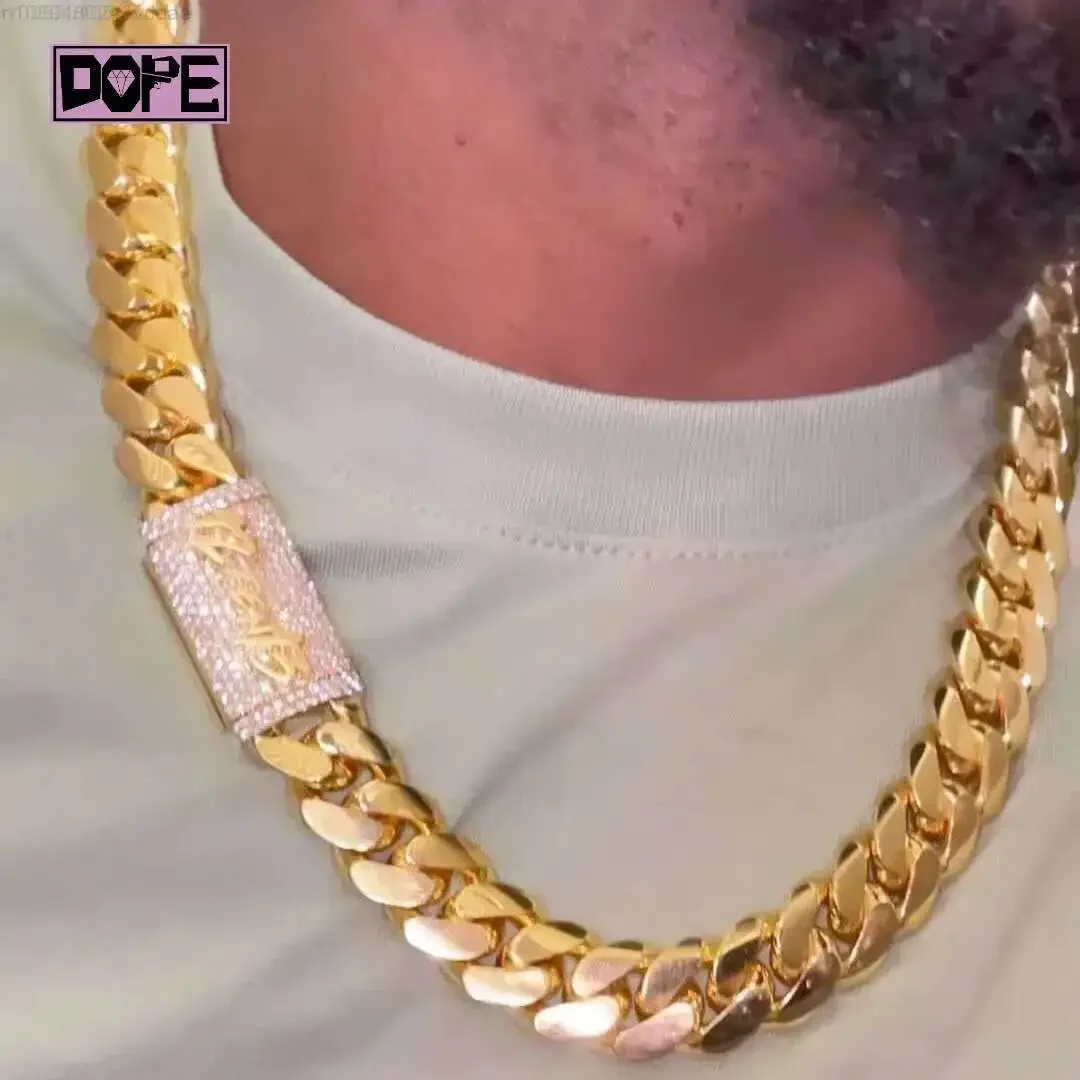 

15MM Iced Out Cuban Link Chain 925 Silver Gold Plated Moissanite Clasp Hip Hop Custom Jewelry