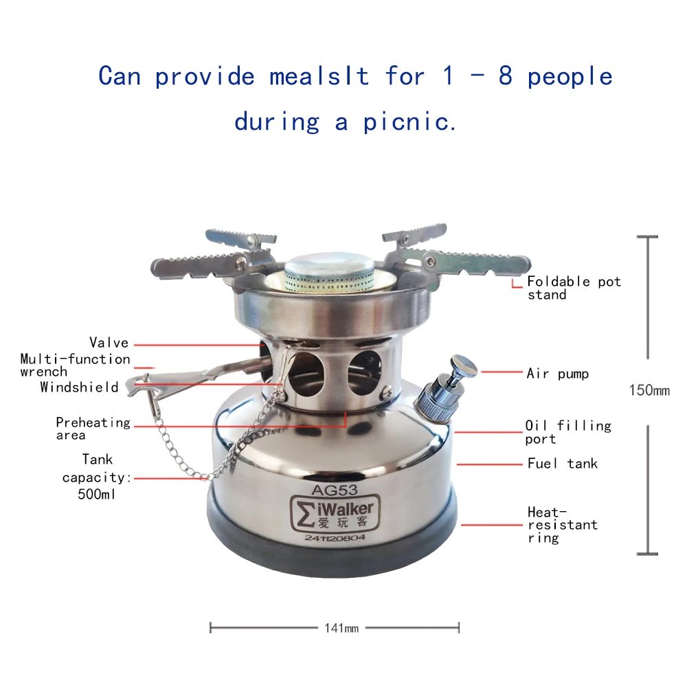 IWALKER AG53 Petrol Stove, Portable Mini Stainless Steel Camping Stove with High Power & Silent Burner,Outdoor Travel & Picnics