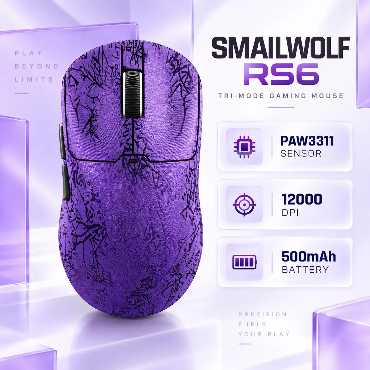 SMAILWOLF RS6 Tri-Mode Gaming Mouse Carbon Crack PAW3311 12000 DPI 300IPS 35G Lightweight 500mAh Rechargeable PC Laptop FPS