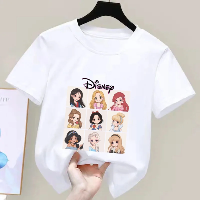 Summer Disney Princess Print Anime 100% Cotton Children T-shirts Fashion Cartoon Round Neck Short Sleeve Baby Tee Top Girl Shirt