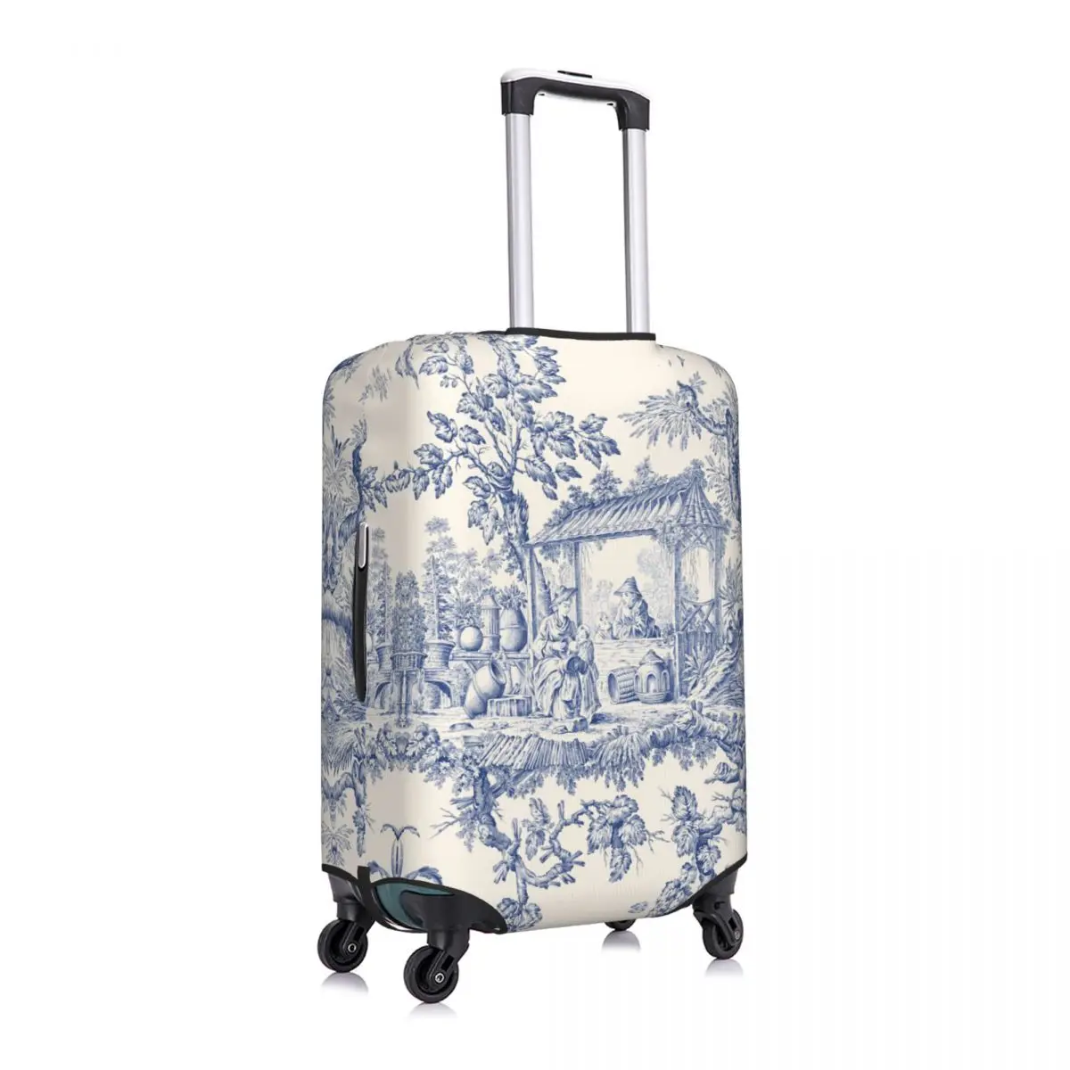 Custom Funny Vintage Classic French Toile De Jouy Navy Blue Motif  Luggage Cover Protector Washable Travel Suitcase Covers