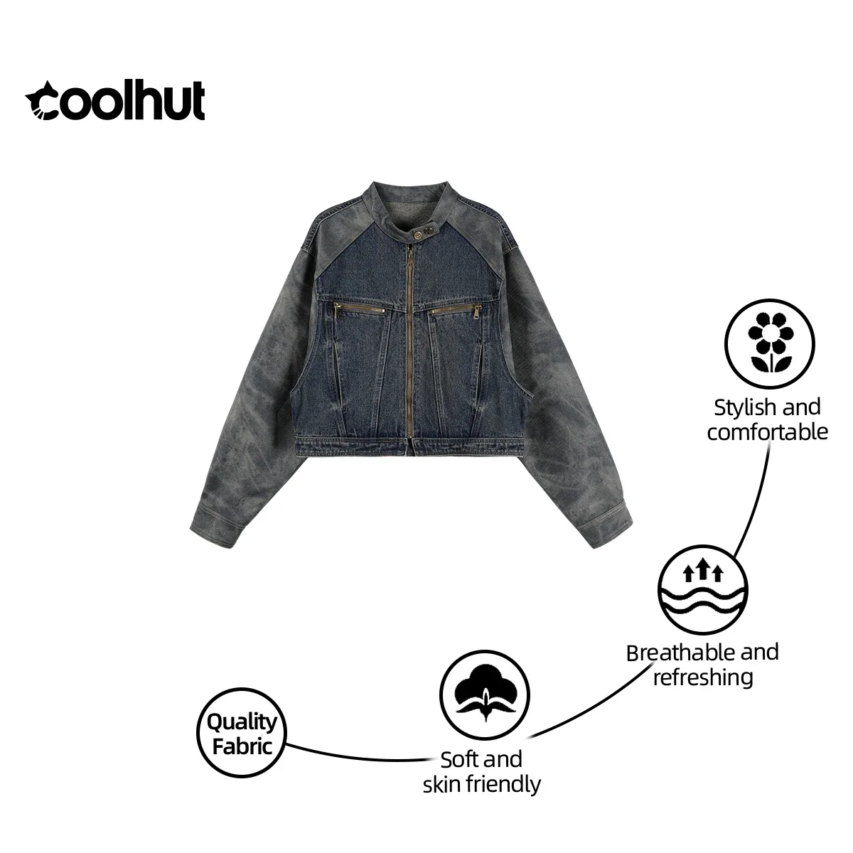 

COOLHUT Women's 2025 American Style Denim Jacket Stand Collar Color Block PU Trim Slim Fit Casual Fall Outerwear Streetwear