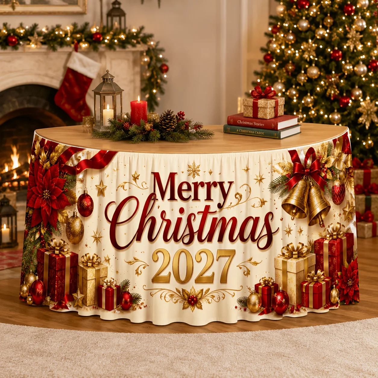 1 tablecloth table skirt, Merry Christmas 2027 tablecloth, golden bell decorative gift box, Christmas