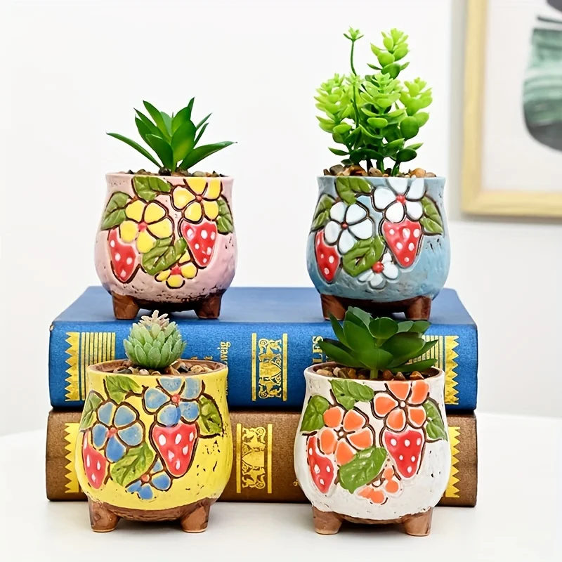 4pcs Korean Hand-painted Ceramic Succulent Flowerpots - Relief Design, Thick & Breathable - Mini Thumb Pot for Succulent Plants,