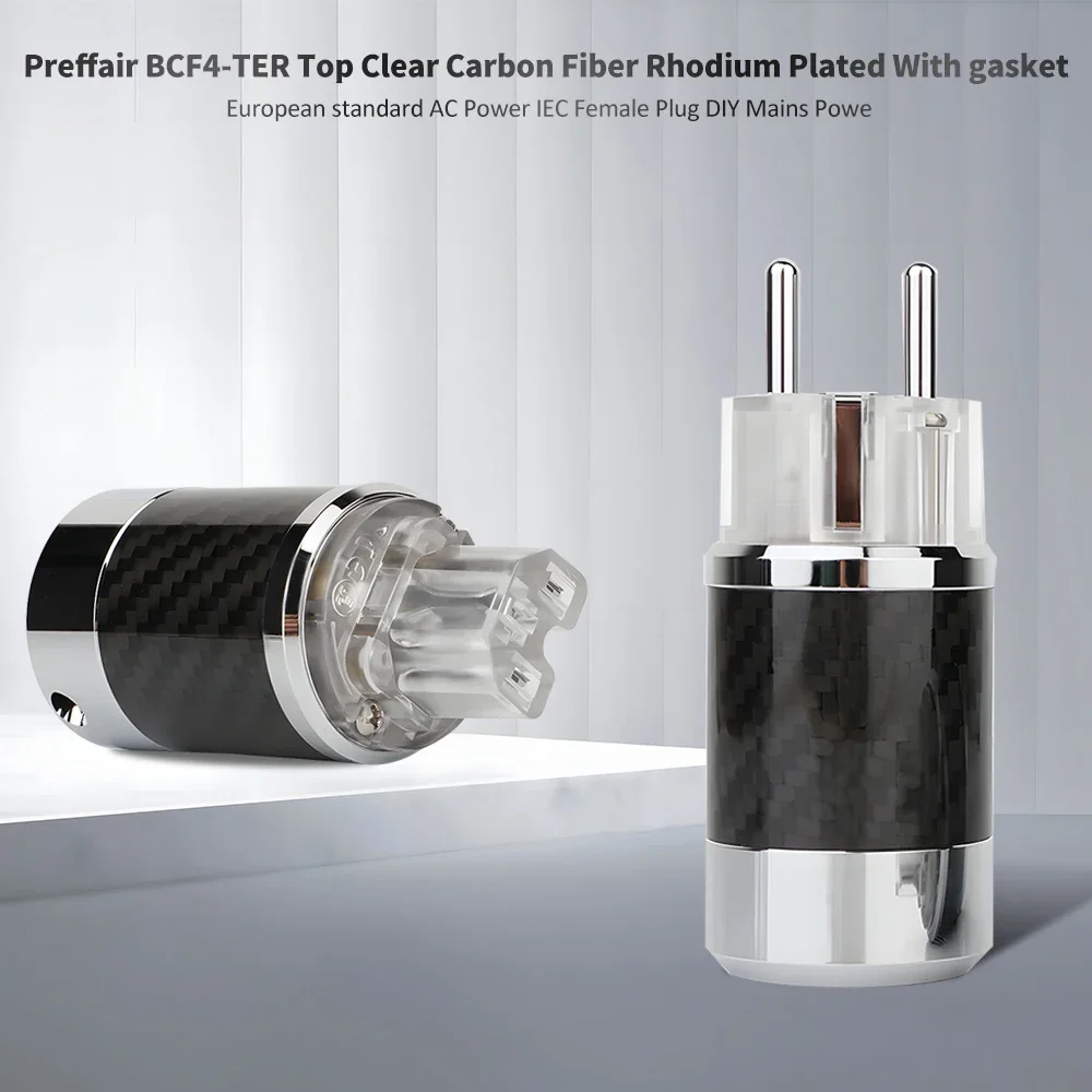 Preffair BCF4-TER Top Clear Carbon Fiber Rhodium Plated With gasket European standard AC Power IEC Female Plug DIY Mains Powe