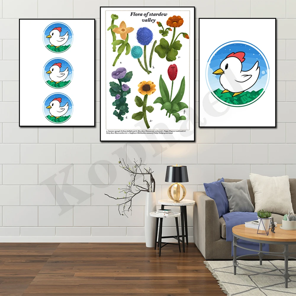 Stardew Valley Floral Flora Three Chickens Canvas Painting Wall Art Pictures Night Market Promotional Prints Home Decor