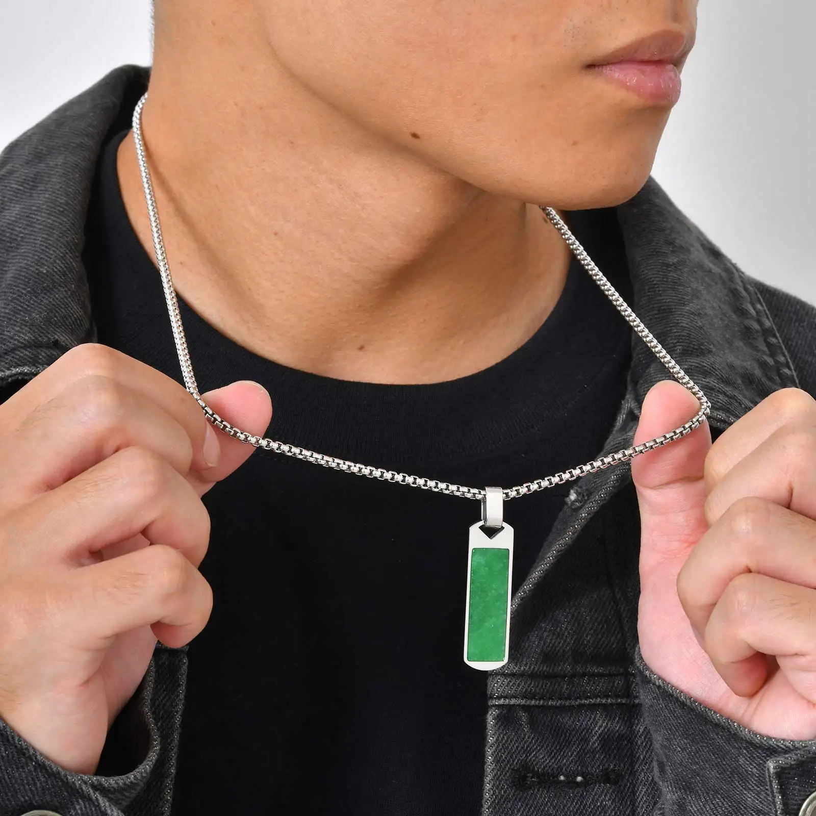 Naturstein-Heilhalsketten für Männer, Halskette mit rechteckigem Anhänger aus Edelstahl, trendiges Hip-Hop-Geburtstagsschmuckgeschenk – Detail 2
